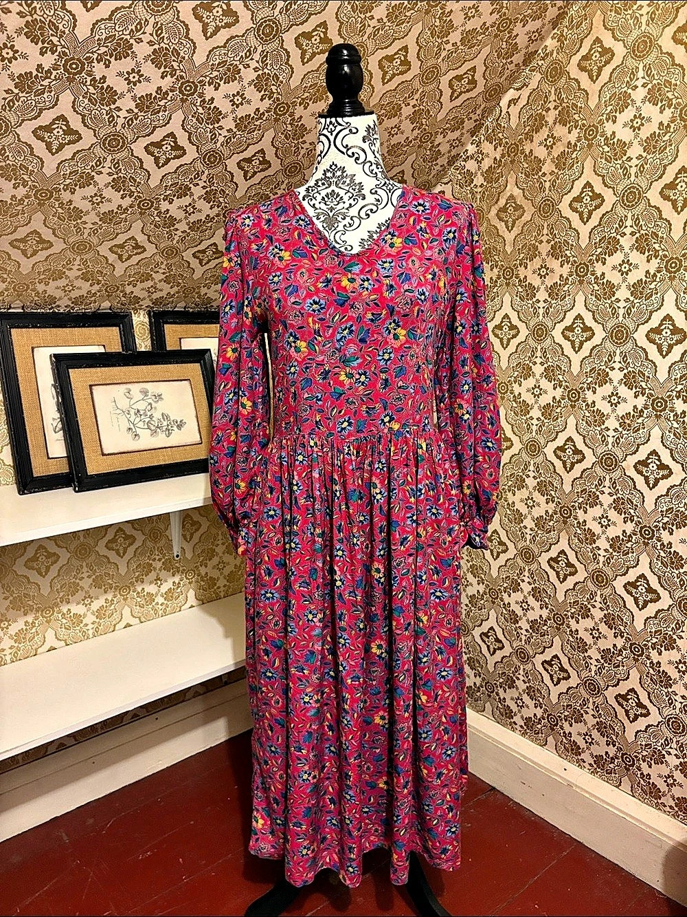 Vintage Floral Cottagecore Maxi Dress Red Multicolor with Pockets